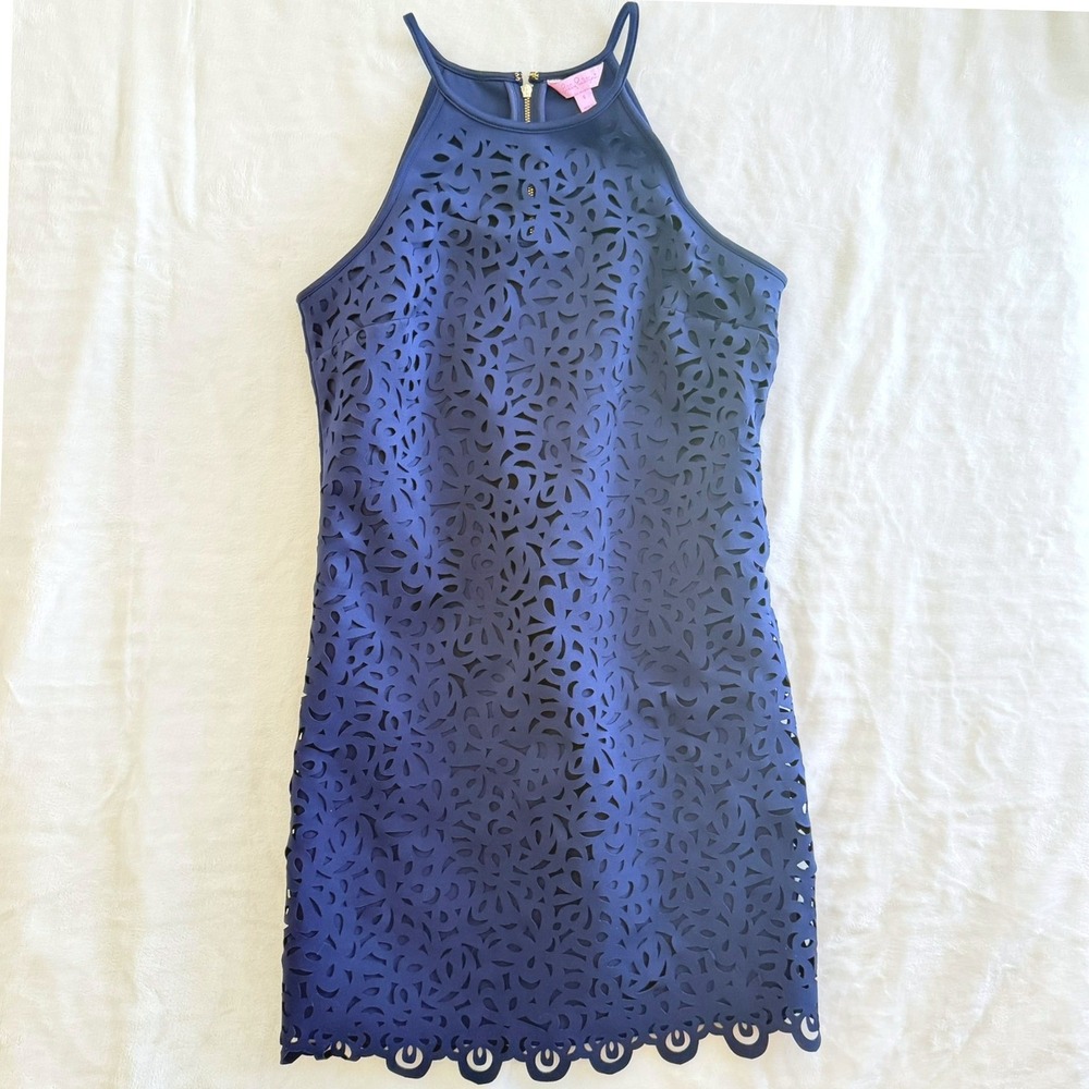 Lilly Pulitzer Navy Blue‎ Laser Cut Floral Halter Mini Dress Scalloped Hem S
